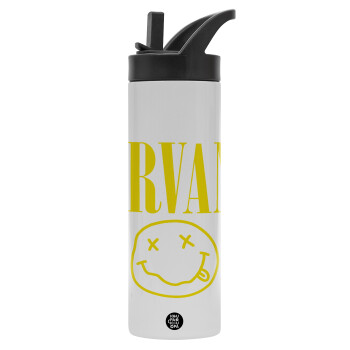 Nirvana, Metallic thermos bottle with straw & handle, stainless steel (Stainless steel 304), double-walled, 600ml.