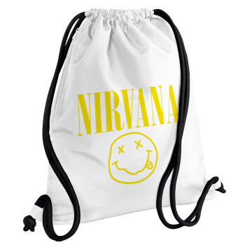 Nirvana, Τσάντα πλάτης πουγκί GYMBAG λευκή, με τσέπη (40x48cm) & χονδρά κορδόνια
