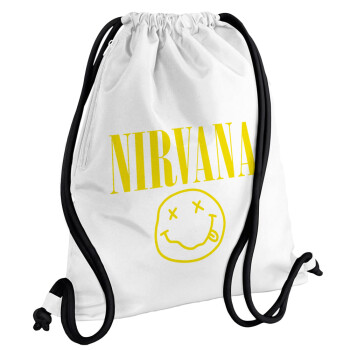 Nirvana, Backpack pouch GYMBAG white, with pocket (40x48cm) & thick cords