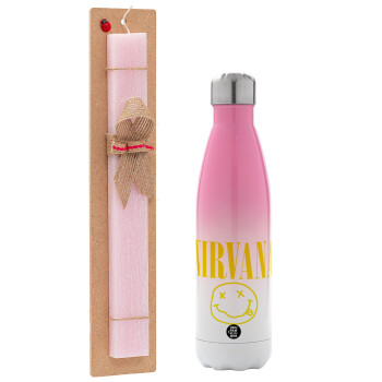 Nirvana, Easter Set, Metallic pink/white (Stainless steel) thermos, double-walled, 500ml & aromatic flat Easter candle (30cm) (PINK)