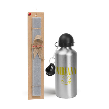 Nirvana, Easter Set, metallic silver aluminum water bottle (500ml) & aromatic flat Easter candle (30cm) (GRAY)