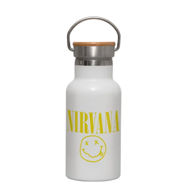 Nirvana — Metallic thermos (Stainless steel) White with wooden lid (bamboo), double-walled, 350ml