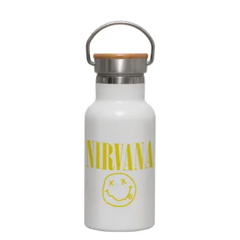 Nirvana, Μεταλλικό παγούρι θερμός (Stainless steel) Λευκό με ξύλινο καπακι (bamboo), διπλού τοιχώματος, 350ml