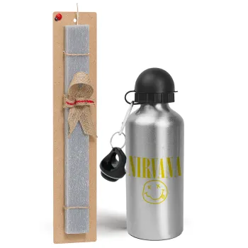 Nirvana, Easter Set, metallic silver aluminum water bottle (500ml) & aromatic flat Easter candle (30cm) (GRAY)