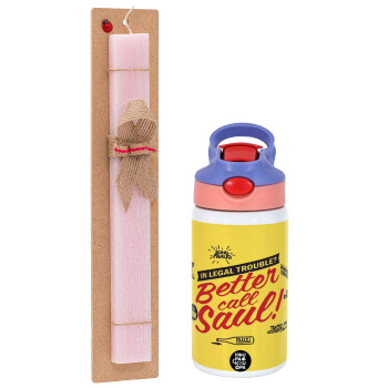 Better Call Saul, Easter Set, Children's thermal stainless steel water bottle with safety straw, pink/purple (350ml) & Easter scented flat candle (30cm) (PINK)