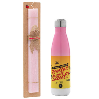 Better Call Saul, Easter Set, Metallic pink/white (Stainless steel) thermos, double-walled, 500ml & aromatic flat Easter candle (30cm) (PINK)
