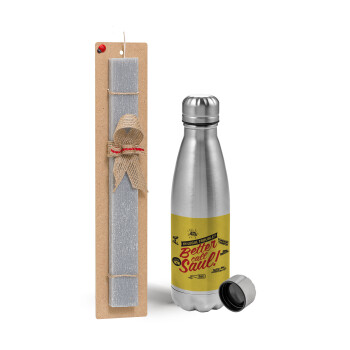 Better Call Saul, Easter Set, metallic Inox water bottle (750ml) & aromatic flat Easter candle (30cm) (GRAY)