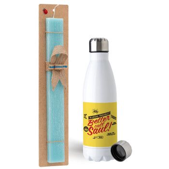 Better Call Saul, Easter Set, metallic stainless steel water bottle (750ml) & aromatic flat Easter candle (30cm) (TURQUOISE)