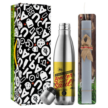 Better Call Saul, Easter Set, metallic stainless thermos flask (500ml) & scented flat Easter candle (30cm) (GRAY)