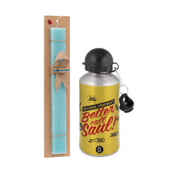 Better Call Saul, Easter Set, metallic silver aluminum water bottle (500ml) & scented flat Easter candle (30cm) (TURQUOISE)
