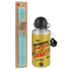 Easter Set, metallic silver aluminum water bottle (500ml) & scented flat Easter candle (30cm) (TURQUOISE)
