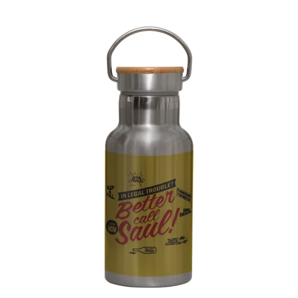 Better Call Saul — Stainless steel metallic thermos flask, silver with a bamboo lid, double-walled, 350ml.