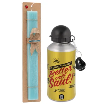 Better Call Saul, Easter Set, metallic silver aluminum water bottle (500ml) & scented flat Easter candle (30cm) (TURQUOISE)