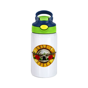 Guns N' Roses, Children's hot water bottle, stainless steel, with safety straw, green, blue (350ml)