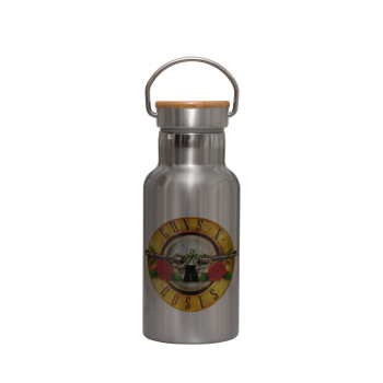 Guns N' Roses, Stainless steel metallic thermos flask, silver with a bamboo lid, double-walled, 350ml.