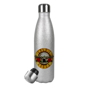 Guns N' Roses, Μεταλλικό παγούρι θερμός Glitter Aσημένιο (Stainless steel), διπλού τοιχώματος, 500ml