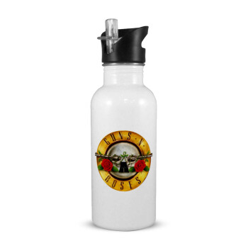 Guns N' Roses, White water bottle with straw, stainless steel 600ml