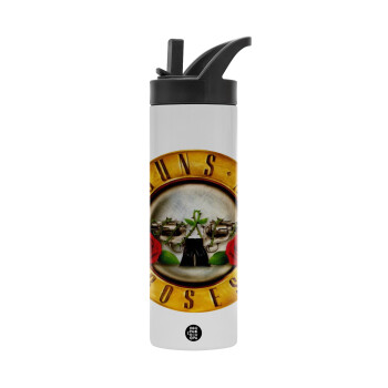 Guns N' Roses, Μεταλλικό παγούρι θερμός με καλαμάκι & χειρολαβή, ανοξείδωτο ατσάλι (Stainless steel 304), διπλού τοιχώματος, 600ml