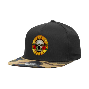 Guns N' Roses, Adult Flat Snapback Hat Black/Camouflage, (100% COTTON TWILL, ADULT, UNISEX, ONE SIZE)