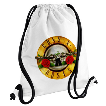 Guns N' Roses, Τσάντα πλάτης πουγκί GYMBAG λευκή, με τσέπη (40x48cm) & χονδρά κορδόνια
