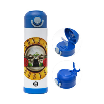 Guns N' Roses, Παιδικό παγούρι θερμό, ανοξείδωτο, με καλαμάκι ασφαλείας, ΜΠΛΕ (500ml)