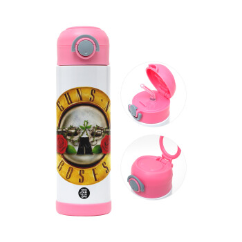 Guns N' Roses, Παιδικό παγούρι θερμό, ανοξείδωτο, με καλαμάκι ασφαλείας, ΡΟΖ (500ml)