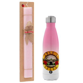 Guns N' Roses, Easter Set, Metallic pink/white (Stainless steel) thermos, double-walled, 500ml & aromatic flat Easter candle (30cm) (PINK)