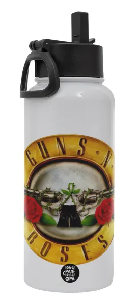 Guns N' Roses — Metal mug thermo White with Straw and Spout Lid (Stainless steel), double wall, 950ml