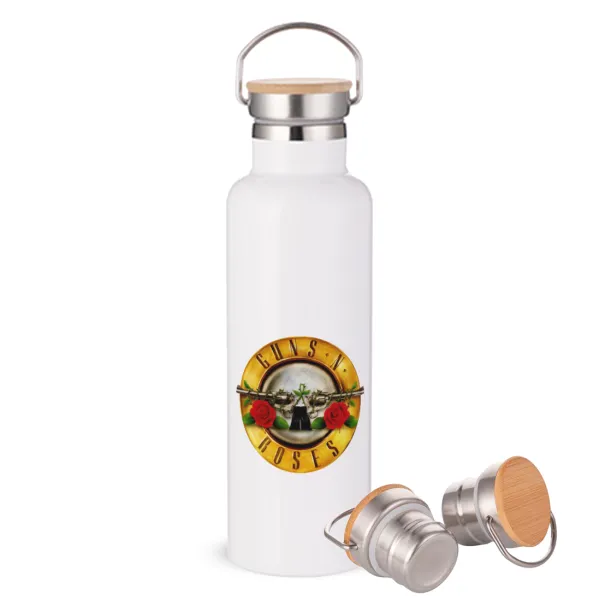 Guns N' Roses — Μεταλλικό παγούρι θερμός (Stainless steel) Λευκό με ξύλινο καπάκι (bamboo), διπλού τοιχώματος, 750ml