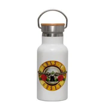 Guns N' Roses, Metallic thermos (Stainless steel) White with wooden lid (bamboo), double-walled, 350ml