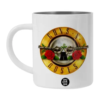 Guns N' Roses, Λευκή Ανοξείδωτη Μεταλλική Κούπα 450ml - Διπλού Τοιχώματος 
