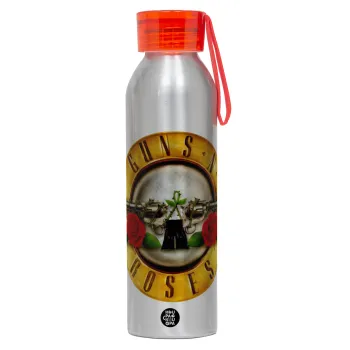 Guns N' Roses, Αλουμινένιο Αθλητικό Μπουκάλι 650ml – Ασημί με Κόκκινο Καπάκι και Λουράκι Σιλικόνης