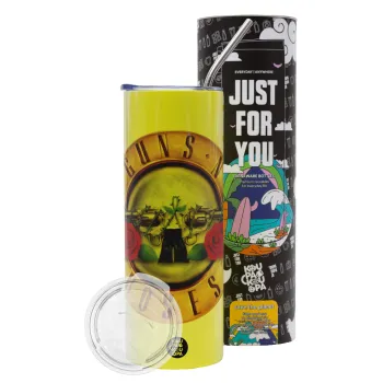 Guns N' Roses, Neon Yellow Travel Tumbler θερμό, μεταλλικό καλαμάκι(Ανωξείδωτο 304 Food grade, BPA free, 600ml)