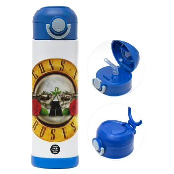 Guns N' Roses, Children's hot water bottle, stainless steel, with safety straw, BLUE (500ml)