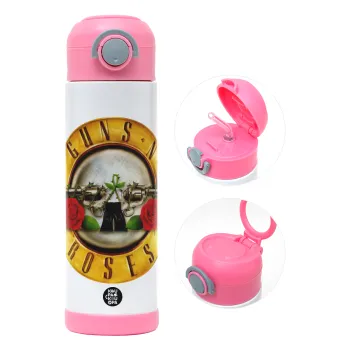 Guns N' Roses, Children's hot water bottle, stainless steel, with safety straw, PINK (500ml)