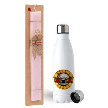 Guns N' Roses, Easter Set, metallic stainless steel water bottle (750ml) & scented flat Easter candle (30cm) (PINK)