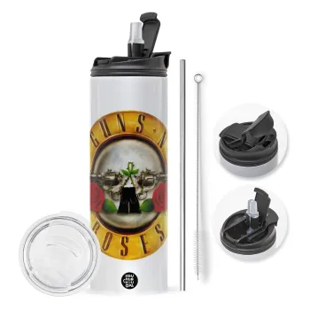 Guns N' Roses, Travel Tumbler θερμό με διπλό καπάκι, μεταλλικό καλαμάκι και βούρτσα καθαρισμού (Ανωξείδωτο 304 Food grade, BPA free, 600ml)