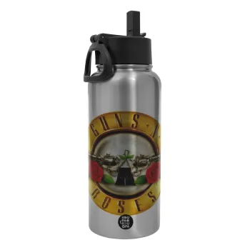Guns N' Roses, Metal mug thermo Silver with Straw and Spout Lid (Stainless steel), double wall, 950ml