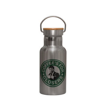 Coffee's for closers, Μεταλλικό παγούρι θερμός (Stainless steel) Ασημένιο με ξύλινο καπακι (bamboo), διπλού τοιχώματος, 350ml