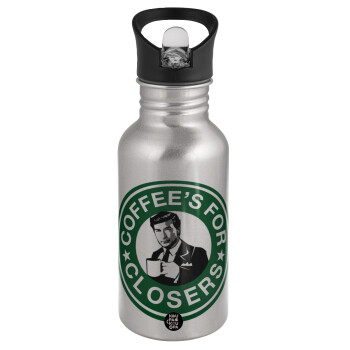 Coffee's for closers, Water bottle Silver with straw, stainless steel 500ml