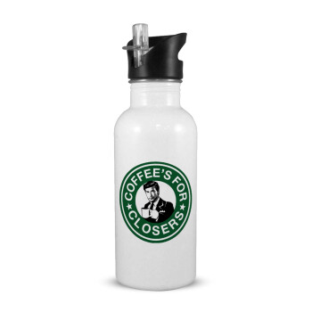 Coffee's for closers, White water bottle with straw, stainless steel 600ml