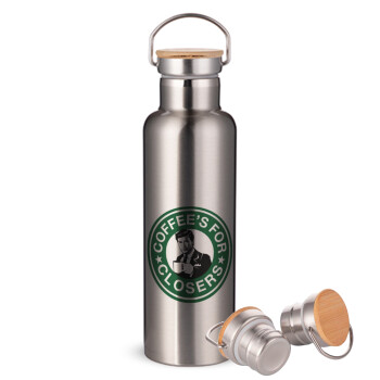 Coffee's for closers, Stainless steel Silver with wooden lid (bamboo), double wall, 750ml