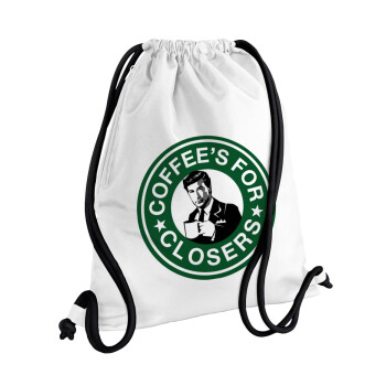 Coffee's for closers, Backpack pouch GYMBAG white, with pocket (40x48cm) & thick cords