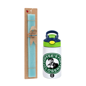 Coffee's for closers, Πασχαλινό Σετ, Παιδικό παγούρι θερμό, ανοξείδωτο, με καλαμάκι ασφαλείας, πράσινο/μπλε (350ml) & πασχαλινή λαμπάδα αρωματική πλακέ (30cm) (ΤΙΡΚΟΥΑΖ)