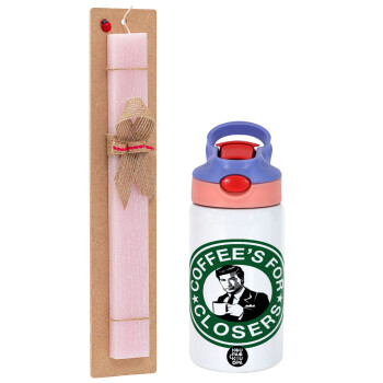 Coffee's for closers, Πασχαλινό Σετ, Παιδικό παγούρι θερμό, ανοξείδωτο, με καλαμάκι ασφαλείας, ροζ/μωβ (350ml) & πασχαλινή λαμπάδα αρωματική πλακέ (30cm) (ΡΟΖ)