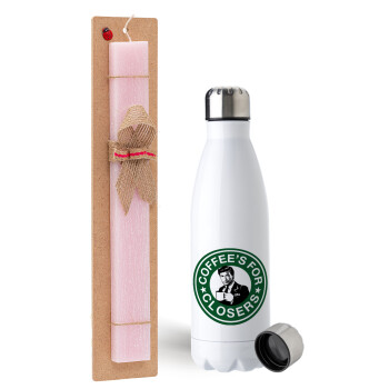 Coffee's for closers, Easter Set, metallic stainless steel water bottle (750ml) & scented flat Easter candle (30cm) (PINK)