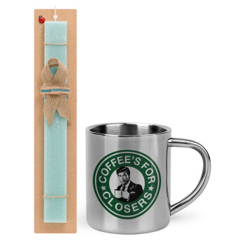 Coffee's for closers, Easter Set, metallic thermal cup (300ml) & aromatic flat Easter candle (30cm) (TURQUOISE)