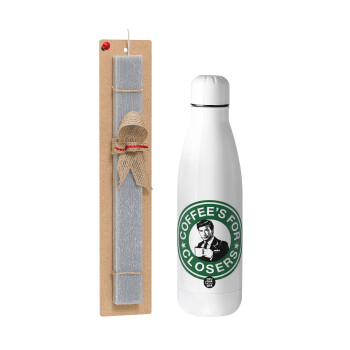Coffee's for closers, Easter Set, metallic stainless thermos bottle (500ml) & scented flat Easter candle (30cm) (GRAY)