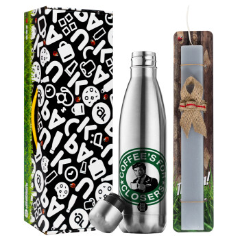 Coffee's for closers, Easter Set, metallic stainless thermos flask (500ml) & scented flat Easter candle (30cm) (GRAY)