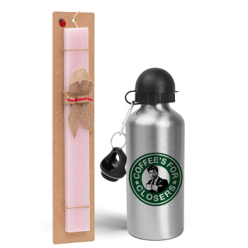 Coffee's for closers, Easter Set, metallic Silver aluminum water bottle (500ml) & scented flat Easter candle (30cm) (PINK)